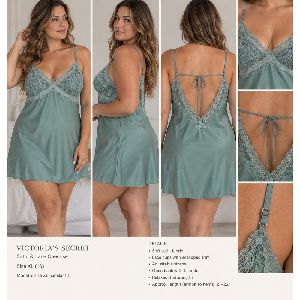 Victorias Secret Sage Green Satin Lace Trim Chemise Nightgown XL 813444-0CZ
